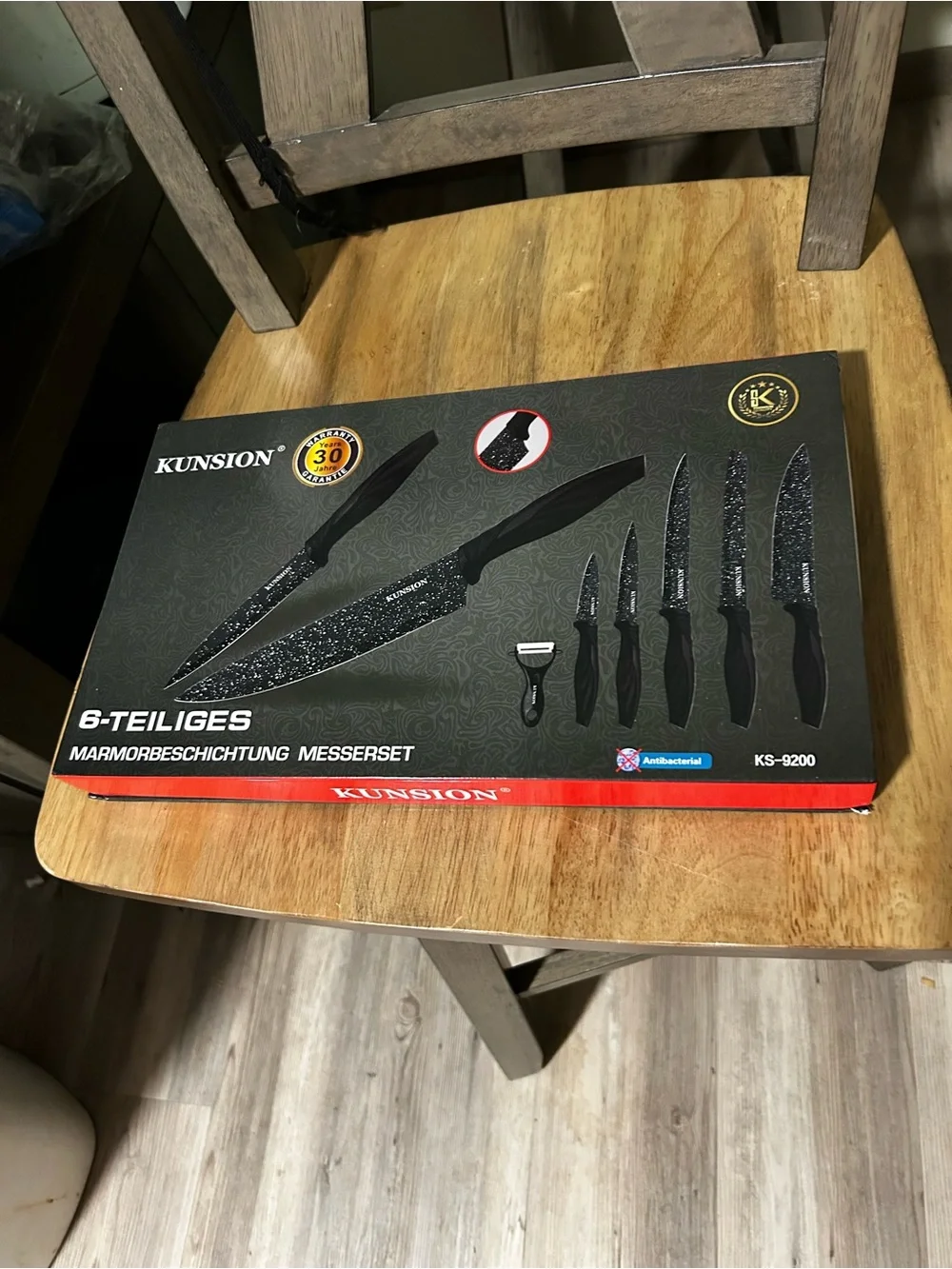 KUNSION 6-Piece Kitchen Knife Set Marble Coated Black Knives + Peeler